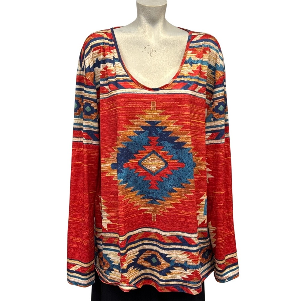 Womens 4XL Long Sleeve Top Aztec Southwest Tribal Print V Neck
